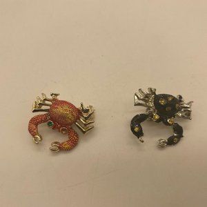 2 Vintage Enamel Crabs with Rhinestone Eyes - Orange and Black